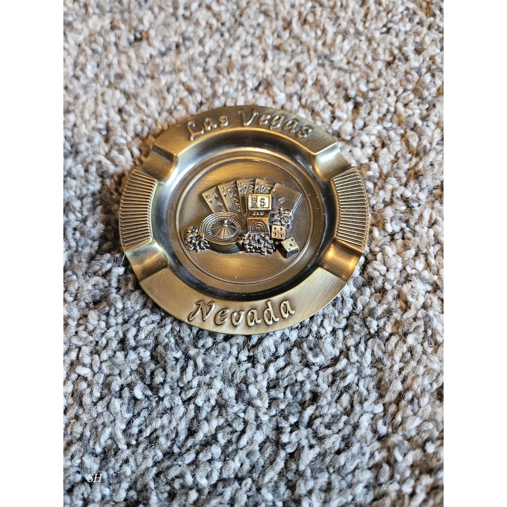 Las Vegas Ash Tray Small Brass Look Ashtray Embossed Design Cards Dice Slots